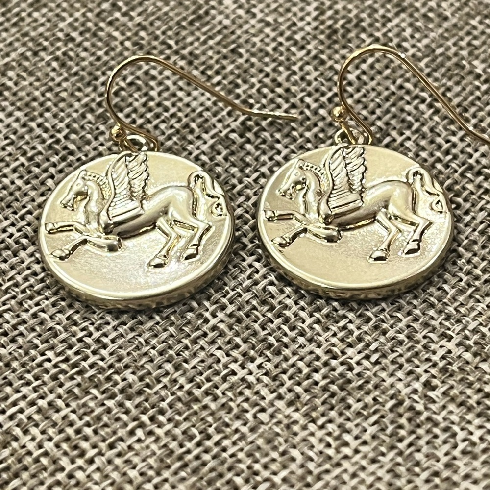 Gold tone costume Pegasus Coin Earrings